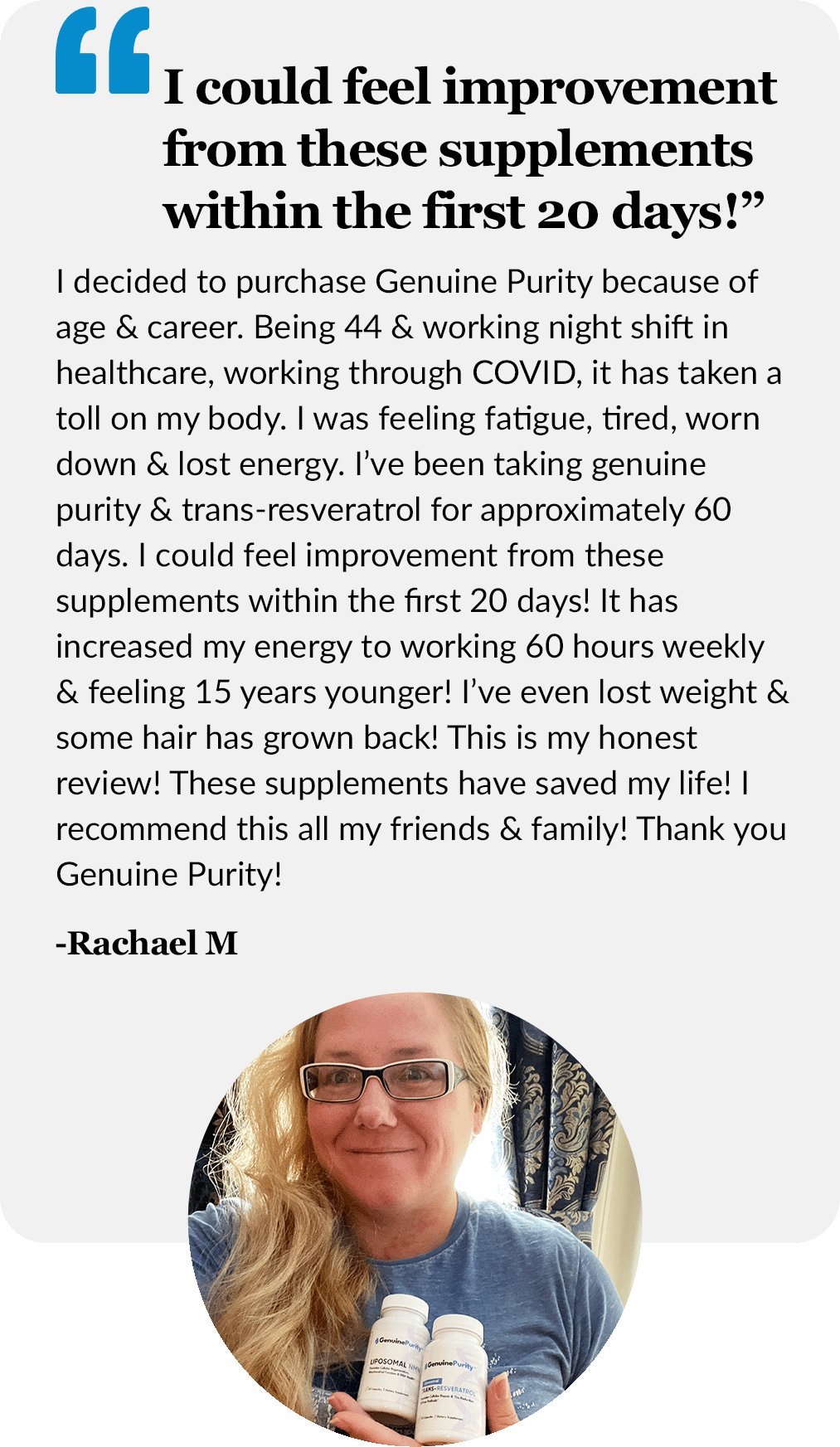Rachel's GenuinePurity NMN Testimonial - Customer Success Story